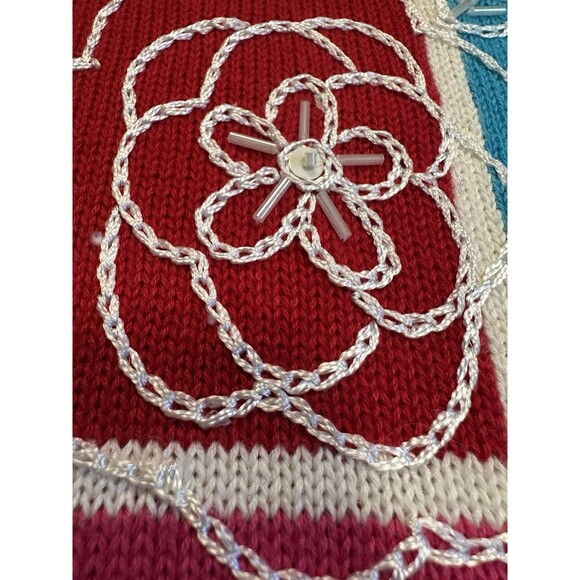 Vintage Alfred Dunner Patchwork Knit Top S Ramie Cotton Beaded Floral Blocks - Picture 3 of 5